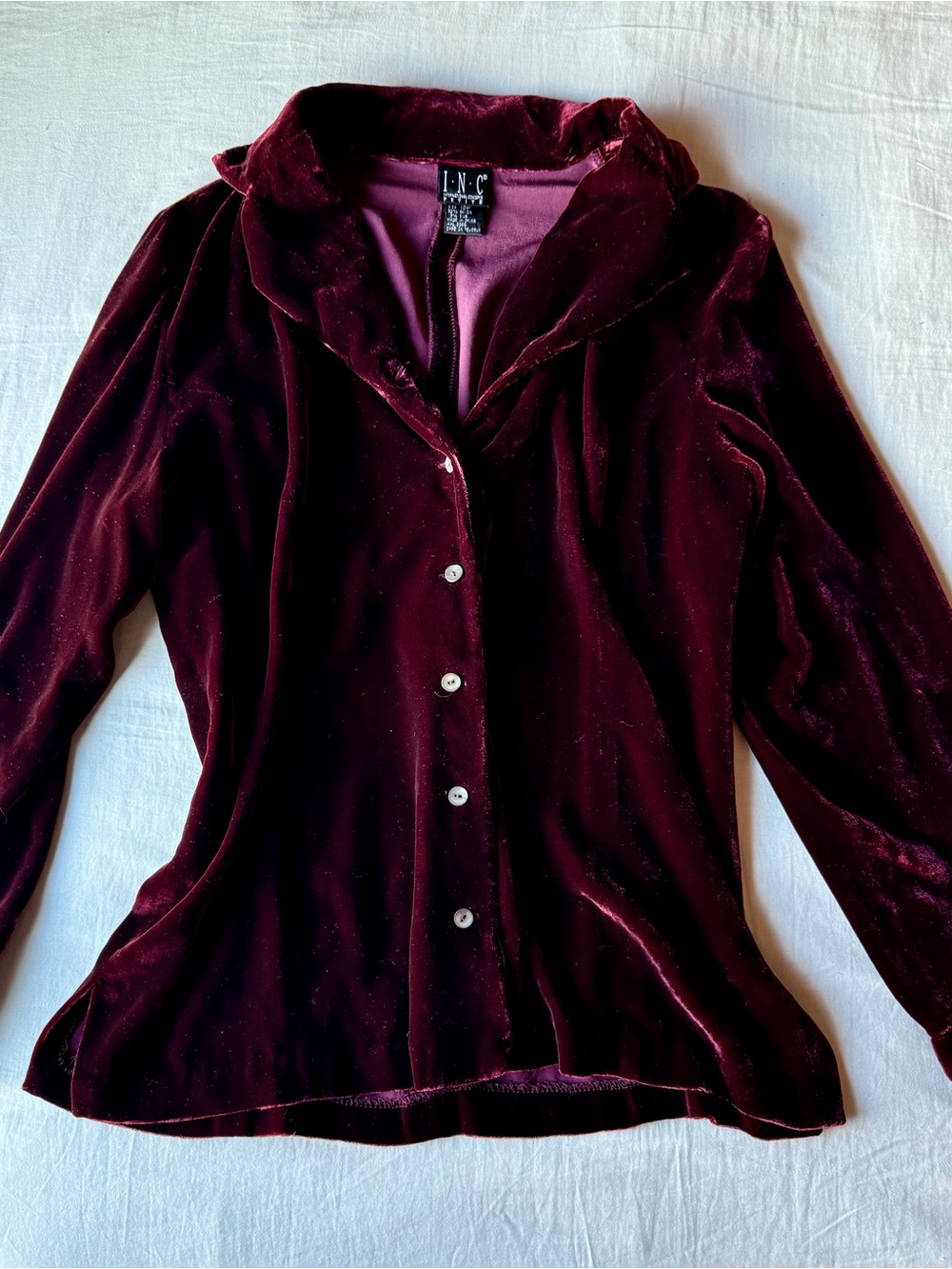 Vintage INC International Concepts Velvet Button-Up Top in Deep Wine